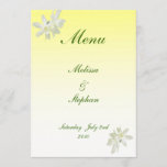 Yellow Floral Wedding Menu<br><div class="desc">This lovely yellow floral wedding menu just glows with the joy of the occasion.  The front is decorated with white daffodils set on a sunny golden yellow gradient.  A gorgeous bouquet of daffodils,  narcissus and white lilacs decorates the back.   All text can be customised to suit your individual occasion.</div>