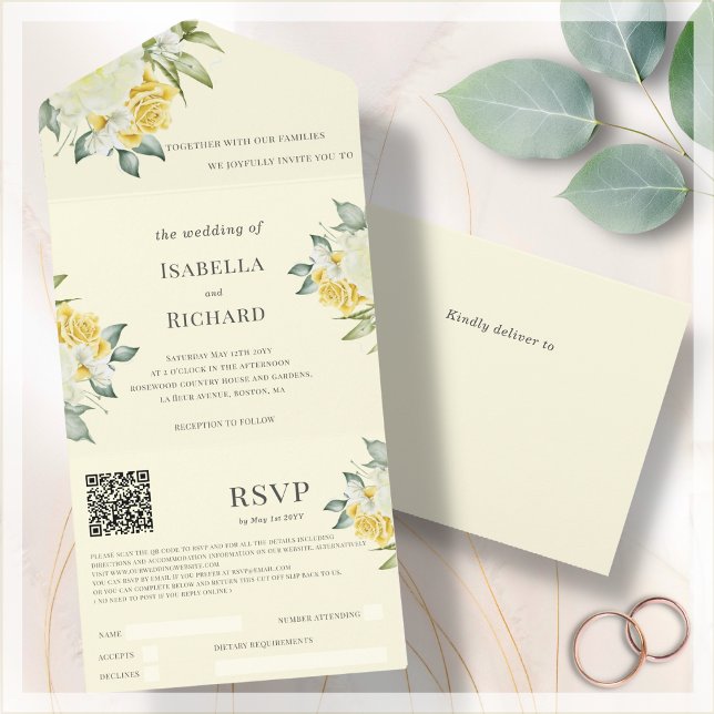 Yellow Floral | Wedding QR Code RSVP   All In One Invitation (Creator Uploaded)