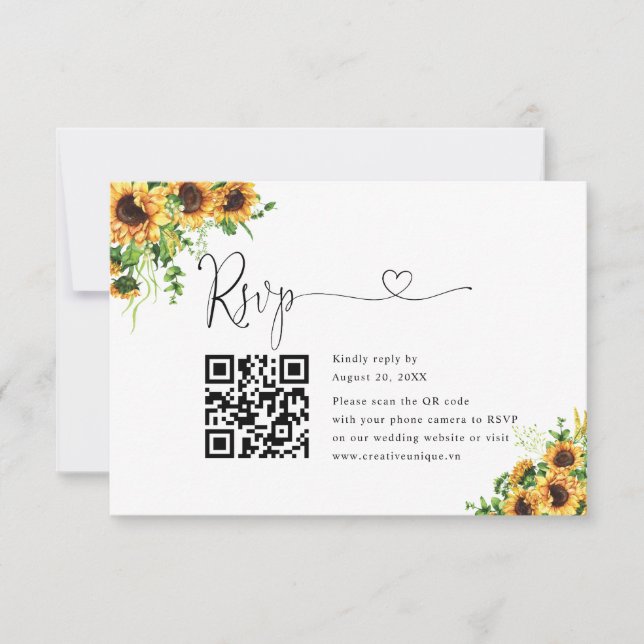 Yellow Floral Wedding Website QR Code RSVP  Card (Front)