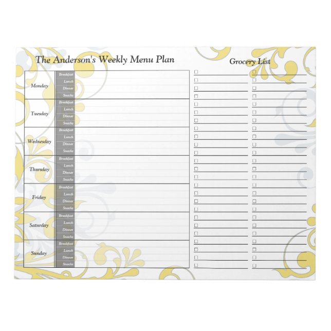 Yellow Floral Weekly Personalised Menu Planner Notepad (Front)