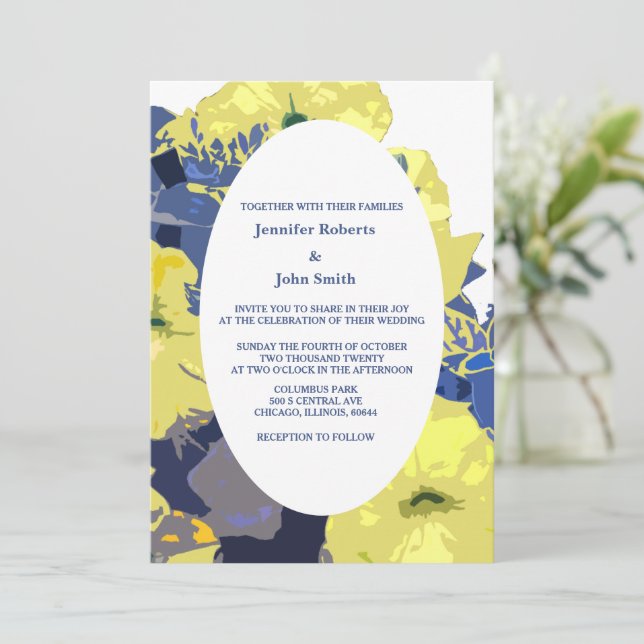 Yellow Floral White Blue Custom Artsy Cute Wedding Invitation (Standing Front)