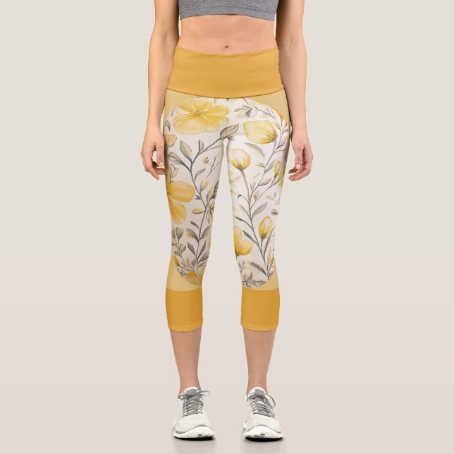 Yellow Floral  With Dark Yellow Band Capri Leggings (Front)