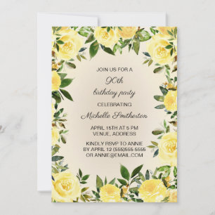 Yellow Floral Woman's 90th Birthday Party Invitation