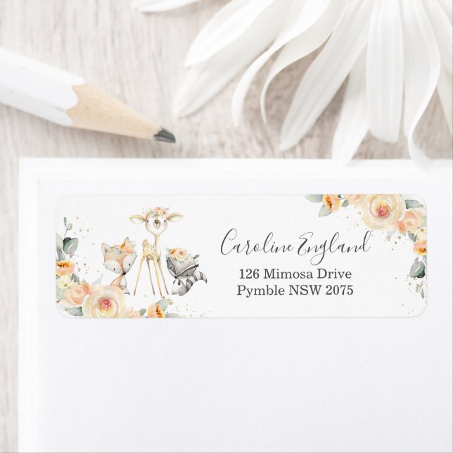 Yellow Floral Woodland Animals Return Address Label (Insitu)