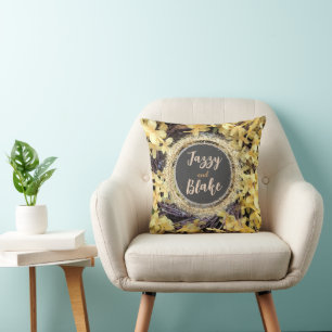 Yellow Floral Wreath Glittery Personalised  Cushion