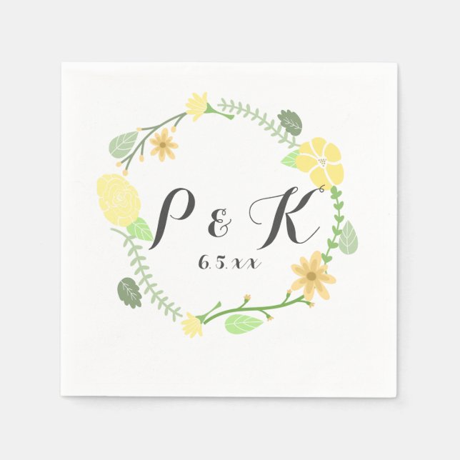 Yellow Floral Wreath Wedding Napkin (Front)