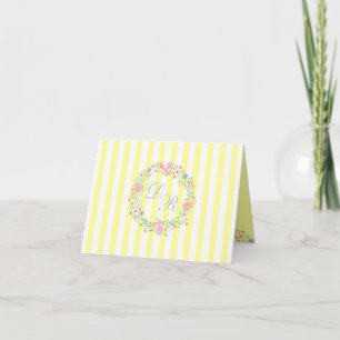 Yellow Floral Wreath With Monogram Note Card
