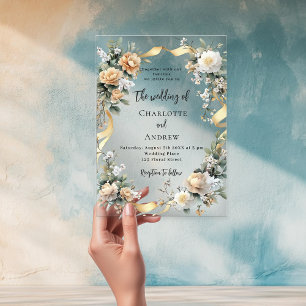 Yellow florals gold ribbon clear wedding acrylic invitations