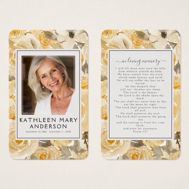 Yellow Florals Photo Funeral Memorial Prayer Card (Front & Back)
