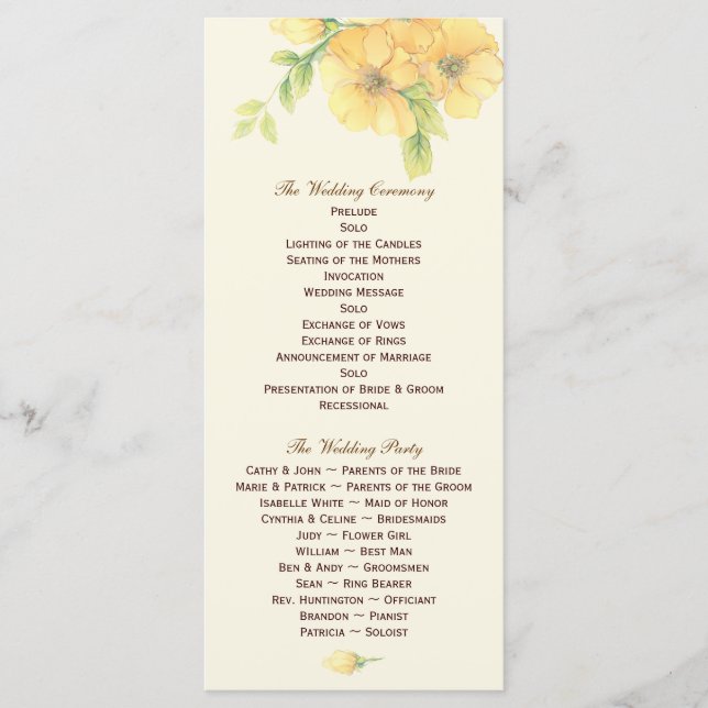 Yellow Florals Wedding Program Photo Keepsake (Front)