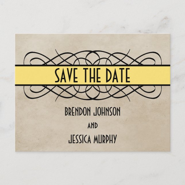 Yellow Flourish Border Save the Date Postcard (Front)
