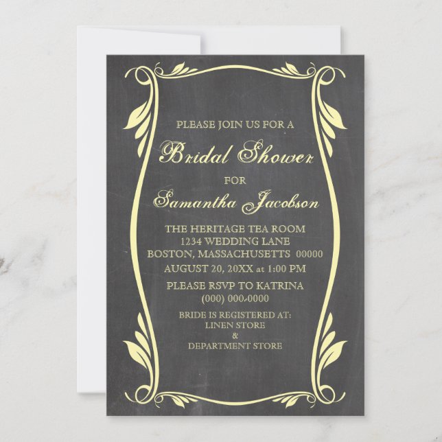 Yellow Flourish Chalkboard Bridal Shower Invite (Front)