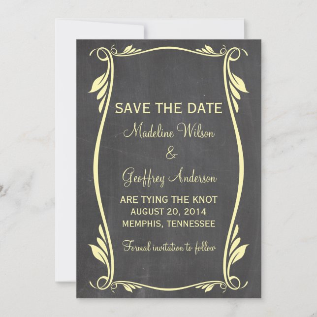 Yellow Flourish Chalkboard Save the Date Invite (Front)
