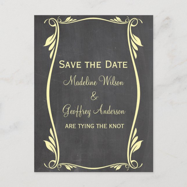 Yellow Flourish Chalkboard Save the Date Postcard (Front)