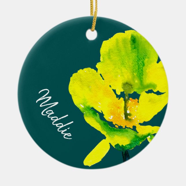 Yellow flower abstract watercolor  ceramic ornament (Front)
