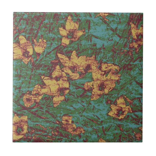 Yellow flower against leaf camouflage pattern 2 ceramic tile (Front)