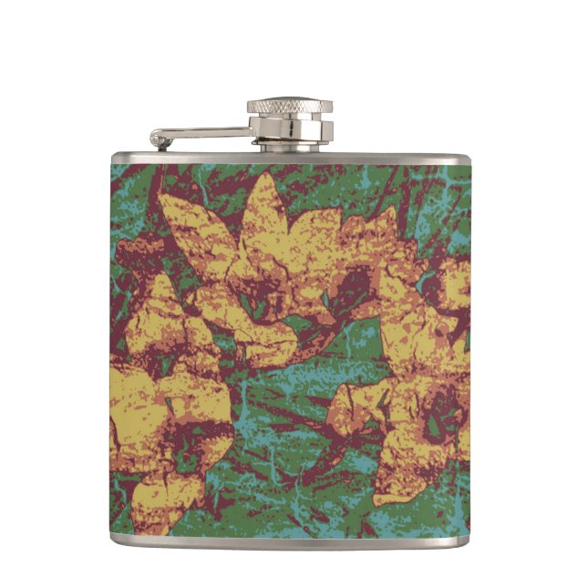 Yellow flower against leaf camouflage pattern 2 hip flask (Front)