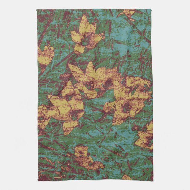 Yellow flower against leaf camouflage pattern 2 tea towel (Vertical)