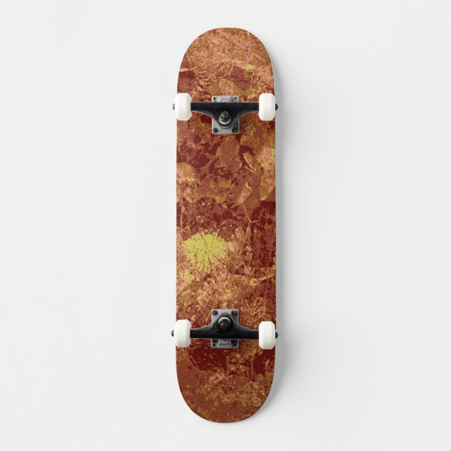 Yellow flower against leaf camouflage pattern skateboard (Front)