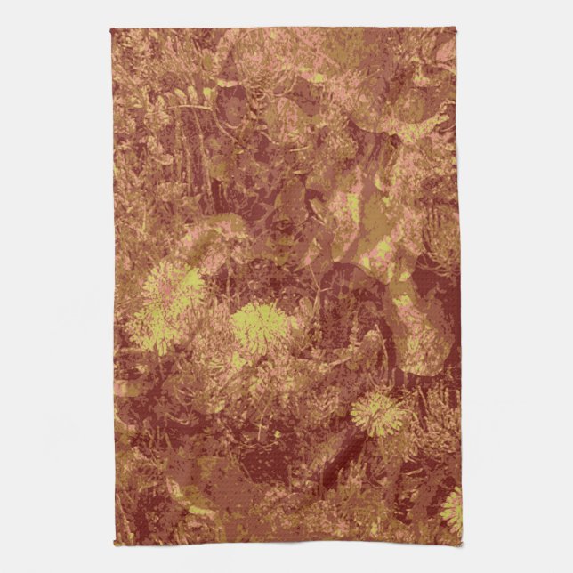 Yellow flower against leaf camouflage pattern tea towel (Vertical)