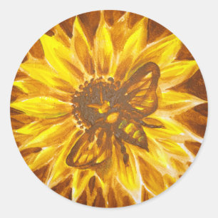 Yellow flower and bee classic round sticker