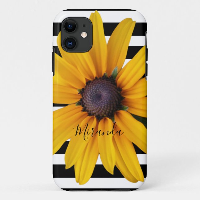 Yellow Flower Black White Stripes Name Case-Mate iPhone Case (Back)