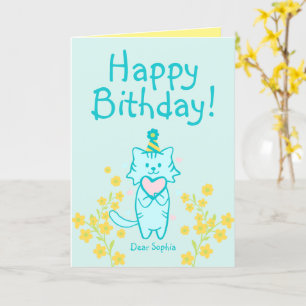 Yellow Flower&Blue Cat wearing Hat&Heart Birthday  Card