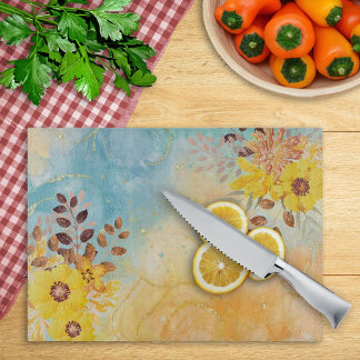 Yellow Flower Blue Marble Watercolor Cutting Board
