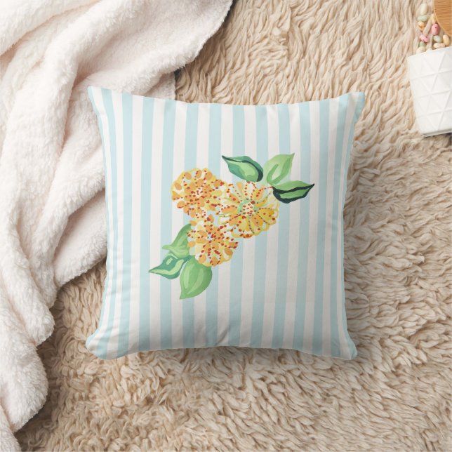Yellow Flower Blue Stripe Cushion (Blanket)
