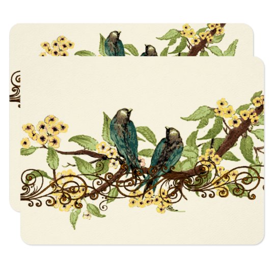 Yellow Flower Branch Vintage Birds Wedding RSVP Card