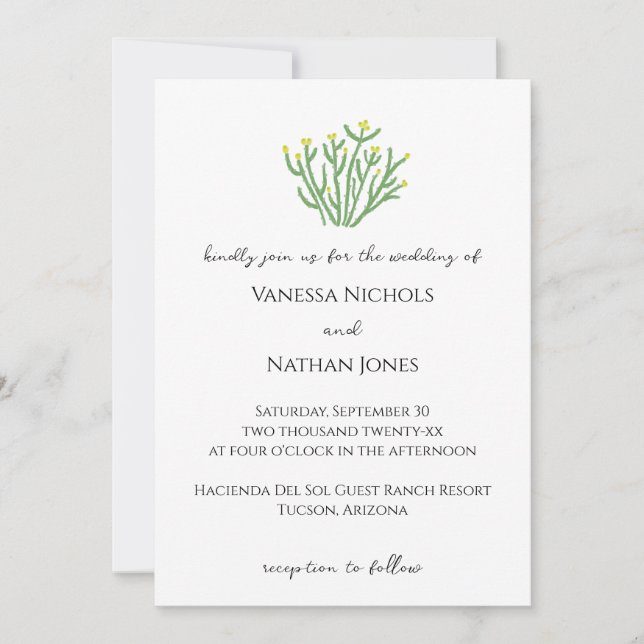 Yellow Flower Cholla Cactus Desert Wedding Invitation (Front)