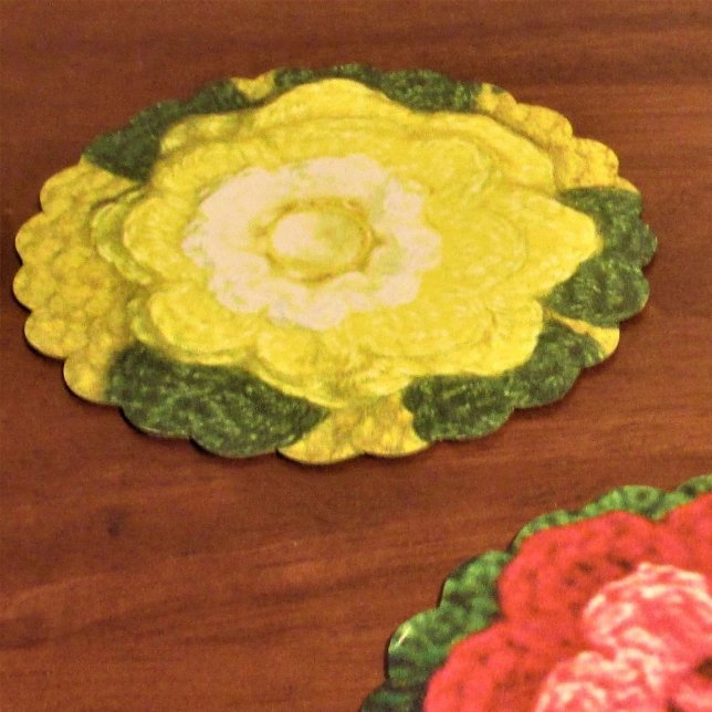 Yellow Flower Designer Crochet Print Reusable Paper Coaster (Creator Uploaded)