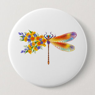 Yellow Flower Dragonfly 10 Cm Round Badge