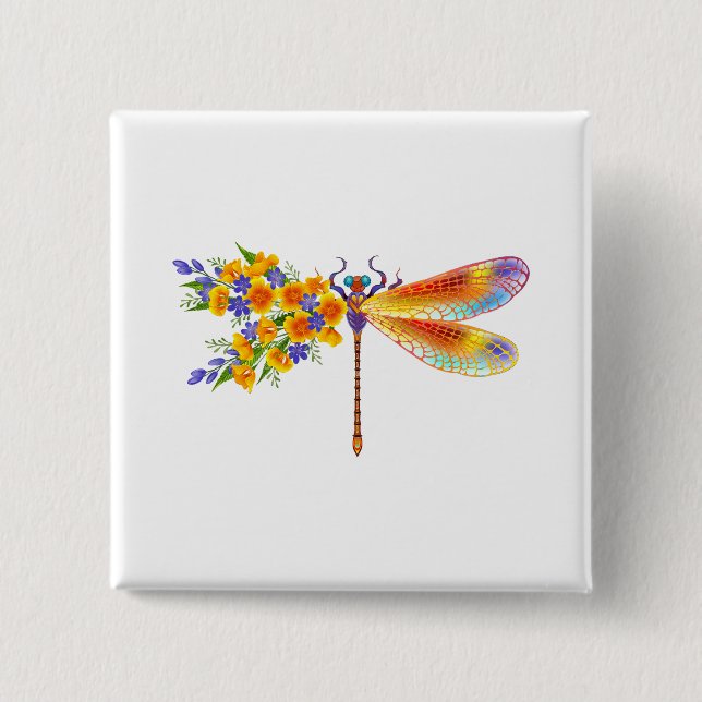 Yellow Flower Dragonfly 15 Cm Square Badge (Front)