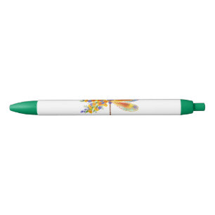 Yellow Flower Dragonfly Black Ink Pen