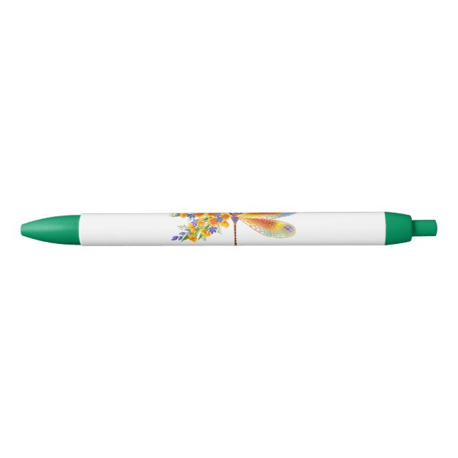 Yellow Flower Dragonfly Black Ink Pen (Front)