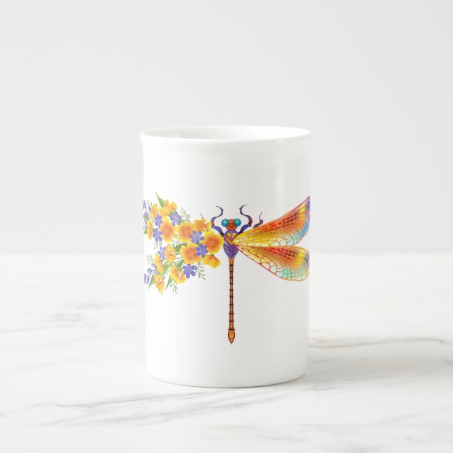 Yellow Flower Dragonfly Bone China Mug (Front)