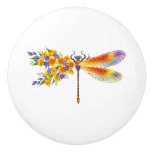 Yellow Flower Dragonfly Ceramic Knob
