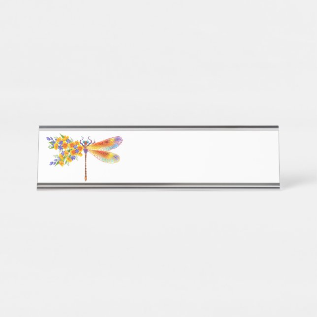 Yellow Flower Dragonfly Desk Name Plate (Front)
