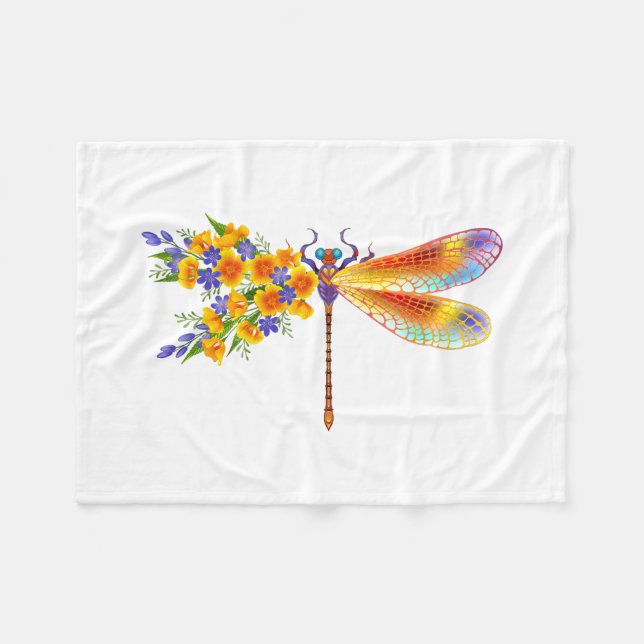Yellow Flower Dragonfly Fleece Blanket (Front (Horizontal))