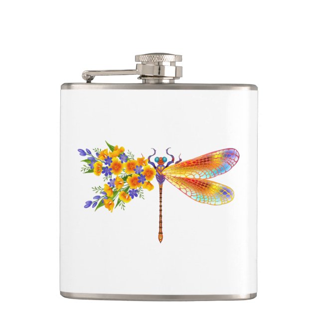 Yellow Flower Dragonfly Hip Flask (Front)
