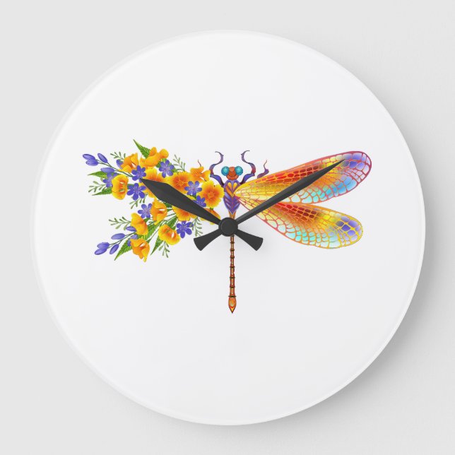 Yellow Flower Dragonfly Large Clock (Front)