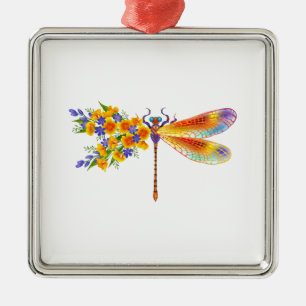 Yellow Flower Dragonfly Metal Ornament