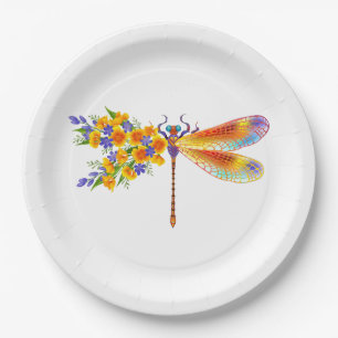 Yellow Flower Dragonfly Paper Plate