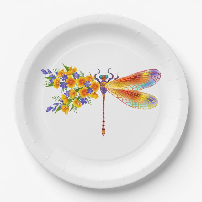 Yellow Flower Dragonfly Paper Plate (Front)