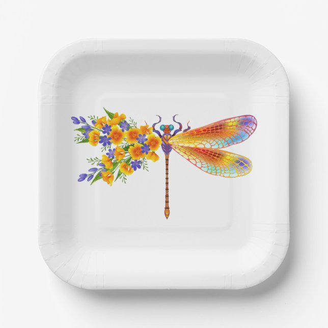 Yellow Flower Dragonfly Paper Plate (Front)