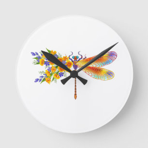 Yellow Flower Dragonfly Round Clock