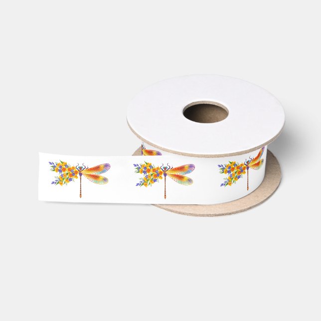 Yellow Flower Dragonfly Satin Ribbon (Spool)