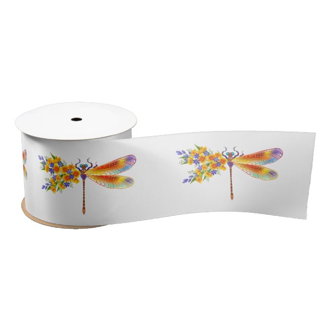 Yellow Flower Dragonfly Satin Ribbon (Spool)