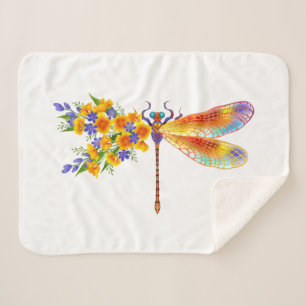 Yellow Flower Dragonfly Sherpa Blanket